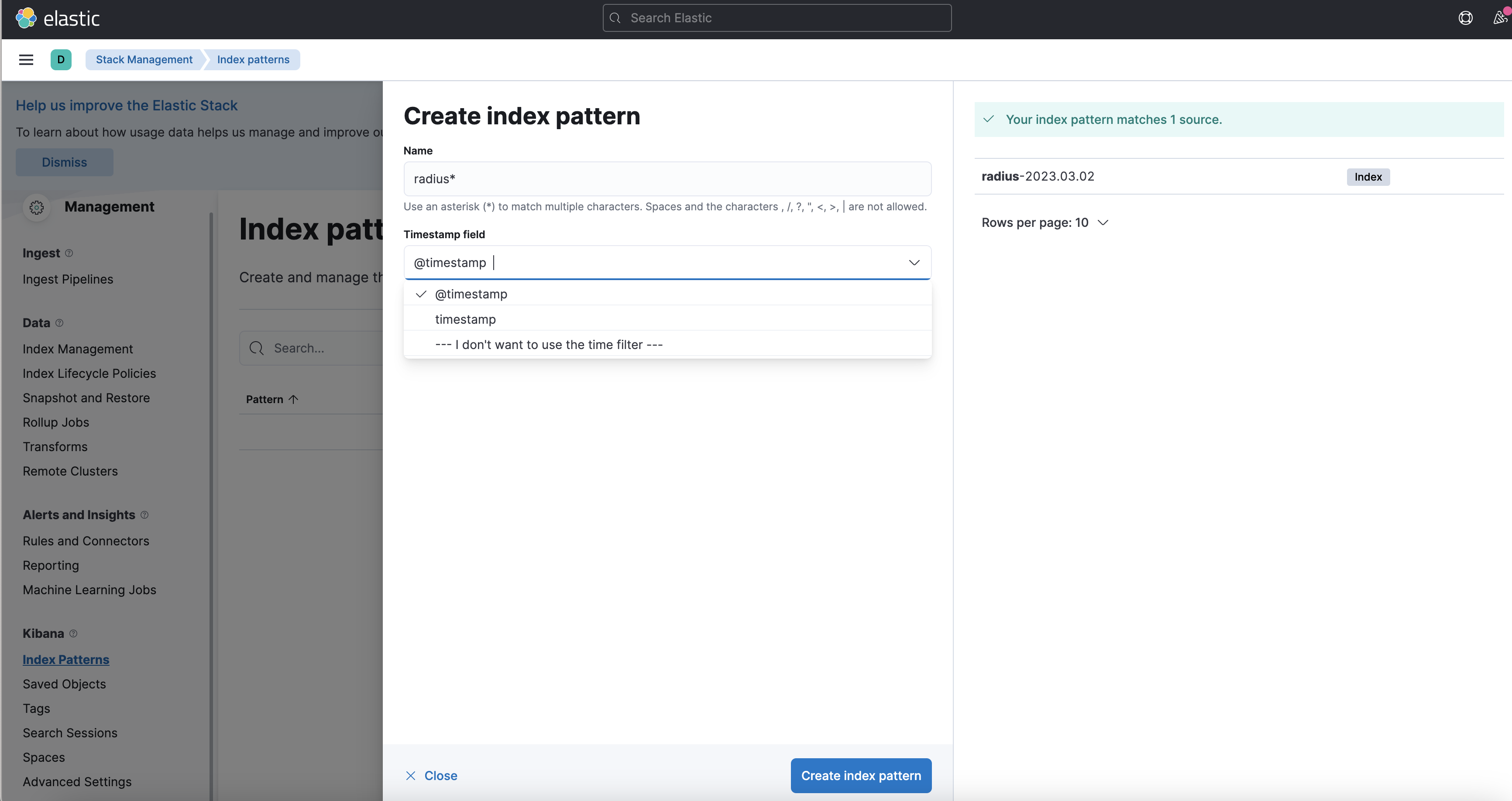 Kibana configure settings page for creating an index pattern